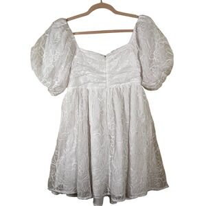 White Floral Organza Puff Sleeve Babydoll Mini Dress S Square Neck Fairy Whimsy